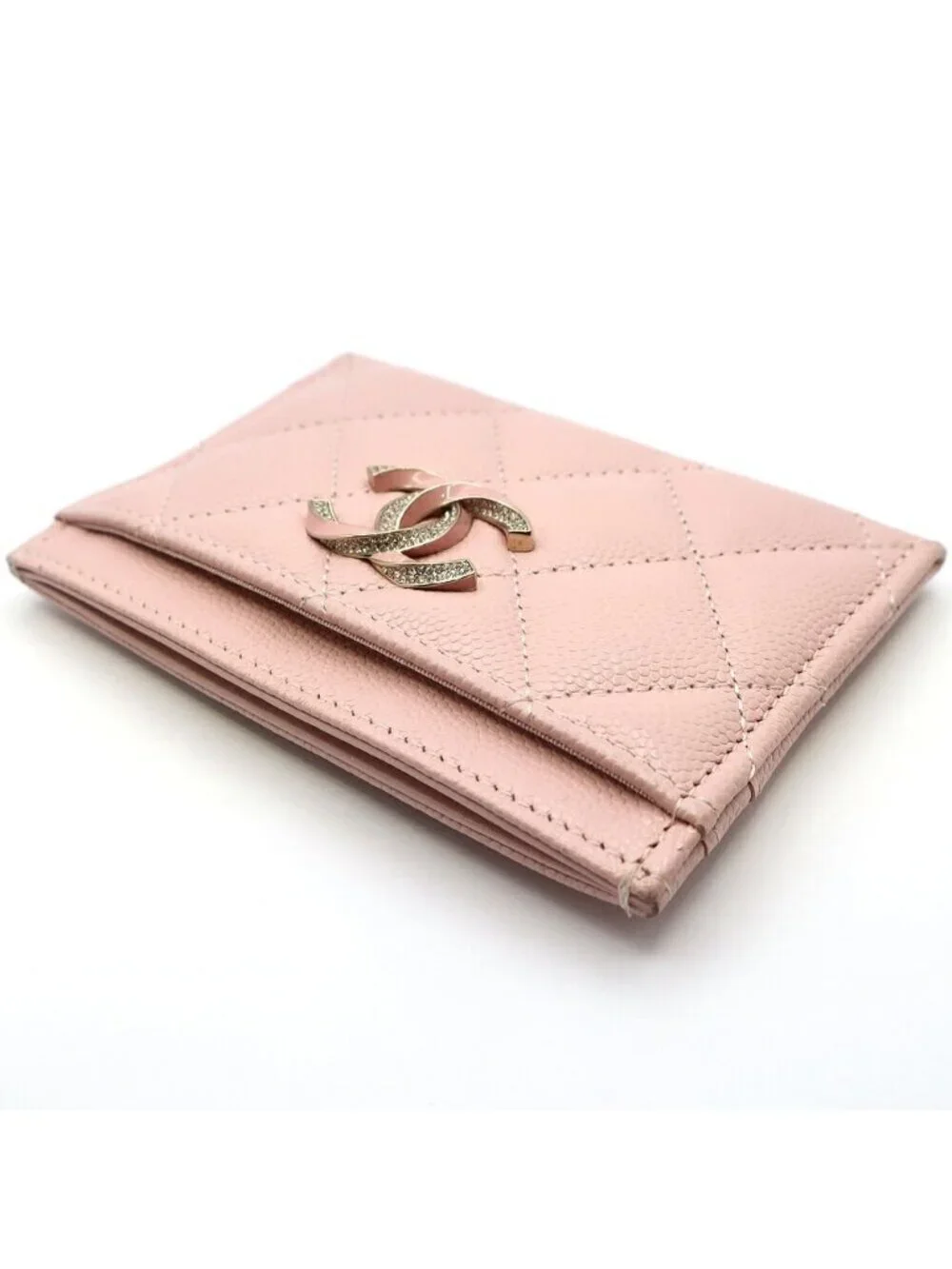 Chanel Ten Pass Case Card Slot Pink Caviar Leather CC Logo Rhinestone